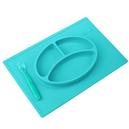 Biubee One-Piece Silicone Placemat   Plate with Spoon for Baby and Toddlers (blue)