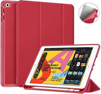 Fintie SlimShell Case for New iPad 7th Generation 10.2 Inch 2019 with Built-in Pencil Holder - Lightweight Smart Stand Soft TPU Back Cover, Auto Wake/Sleep for iPad 10.2" Tablet, Red