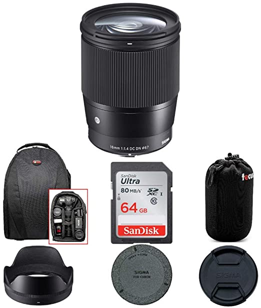 Sigma 16mm f/1.4 DC DN Contemporary Lens for Canon EF-M with 64GB Extreme PRO SD Card and Travel Bundle (4 Items)