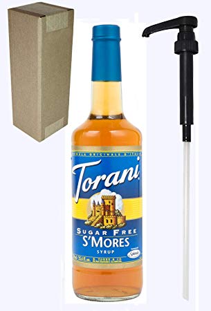 Torani Sugar Free S'Mores Flavoring Syrup, 750mL (25.4 Fl Oz) Glass Bottle, Individually Boxed, With Black Pump