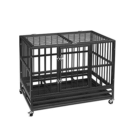 PUPZO Heavy Duty Dog Cage Crate Kennel Carbon Steel with Four Wheels for Large Dogs Easy to Install