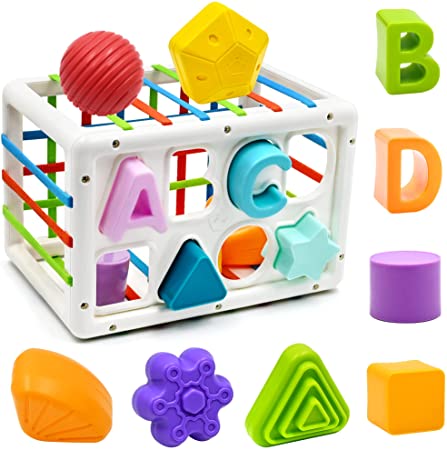 Baby Shape Sorter Toys for 9 12 -18 Months, Autism Sensory Bin Toy with 6 Texture Balls & 8 Shape Blocks Montessori Fine Motor Skill Activity Center Toy for Toddlers 1 2 Years Old Boys Girls Gifts