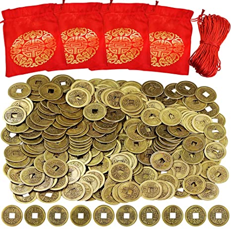 Supla 260 Pcs Chinese Coins Feng Shui Coins Good Fortune Coins Good Luck Coins and Lucky Bag for Chinese New Year Health Wealth Bracelet Charms 2021 Year of The Ox Decorations