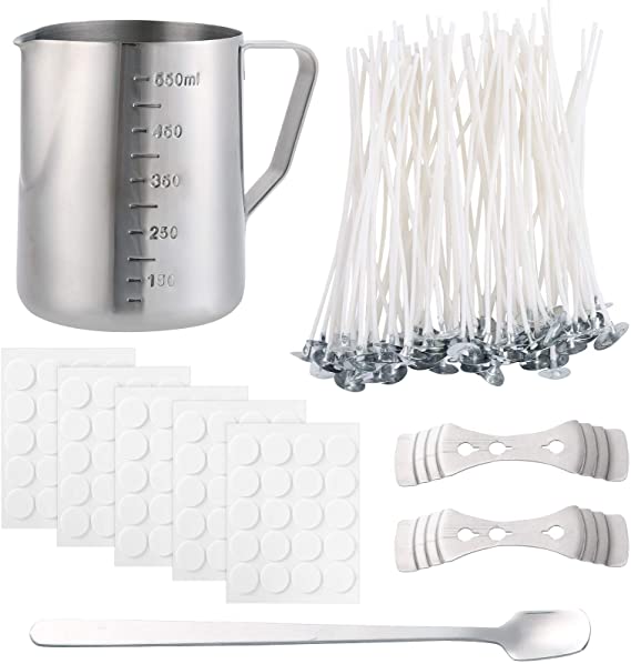 DIY Candle Making Kit with 1PCS Melting Pouring Pot, 100PCS Candle Wicks, 100PCS Candle Wicks Sticker, 2PCS Candle Wick Center Devices and One Stainless Steel Spoon for Making Candles