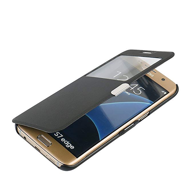 S7 Edge Case, Galaxy S7 Edge Case, MTRONX Window View Magnetic Closure Twill PU Leather Ultra Folio Flip Slim Case Cover for Samsung Galaxy S7 Edge - Black(MG1-BK)