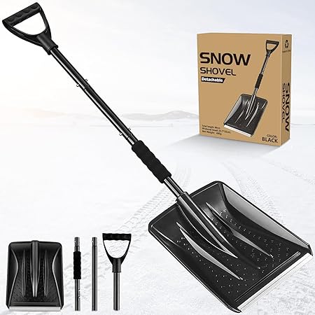 Snow Shovel, 2024 New Upgrade Large-Capacity Lightweight Aluminum Portable Snow Shovel, Parent-Child Playing Snow Shovel, Shovel for Garden, Car, Camping with Extra Ice Scrape(Black)