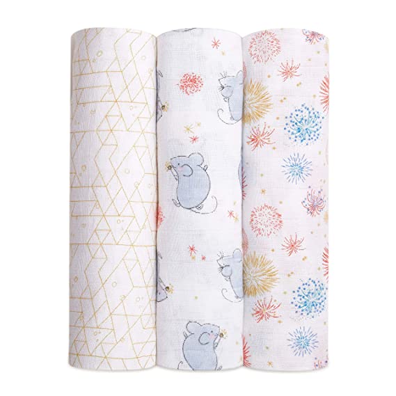 aden   anais Swaddle Blanket, Boutique Muslin Blankets for Girls & Boys, Baby Receiving Swaddles, Ideal Newborn & Infant Swaddling Set, 3 Pack, Year of The Mouse