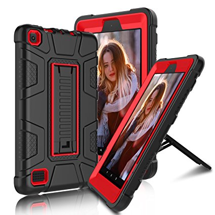 All-New Amazon Fire 7" 2017 Case , Elegant Choise 7th Generation Fire 7 Heavy Duty Shockproof Armor Rugged Protective Case Cover with Stand for Amazon Kindle Fire 7 2017 Release (Red/Black)