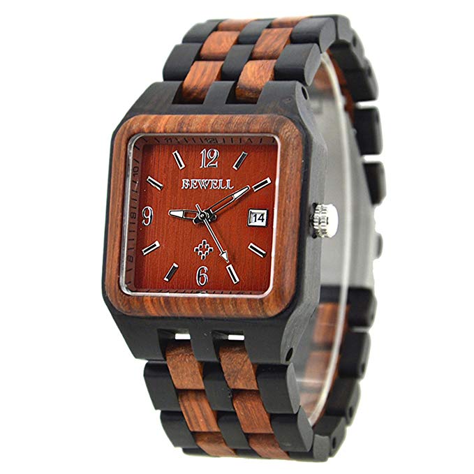Bewell W111A Men's Square Multicolor Wood Watches Quartz Analog Movement Date Wristwatch
