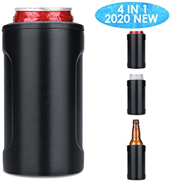 2020 New Slim Can Cooler, 4 in 1 Slim Can Coozie, Insulated Beer Holder, Double-walled Stainless Steel Skinny Can Coozie for 12oz Slim & Short Cans, Beer Bottles & As Drink Cup, Black