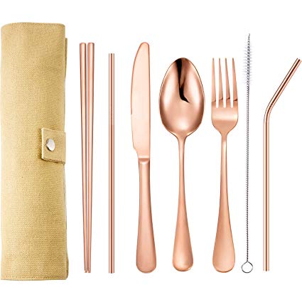 Tatuo 7 Pieces Portable Stainless Steel Flatware Set Travel Cutlery Silverware Set Reusable Utensils with Case, Stainless Steel Knife Fork Spoon Chopsticks Straws (Rose Gold)