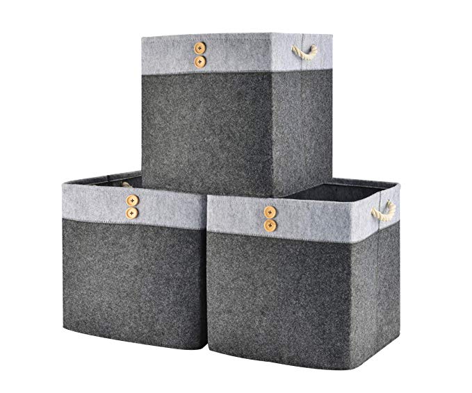 Perber Collapsible Storage Cubes 13x13x13inch Bins [3-Pack], Foldable Felt Fabric Storage Box Basket Containers with Handles- Large Organizer for Nursery Toys,Kids Room,Towels,Clothes, Black and Grey
