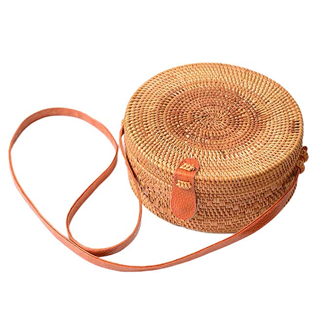 Forart Handwoven Round Rattan Bag Shoulder Leather Straps Natural Chic Circle Handbag Crossbody Bags(Ship from USA)