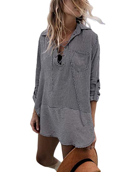 Bsubseach Women Embroidered Half/Long Sleeve Swimsuit Cover Up Mini Beach Dress