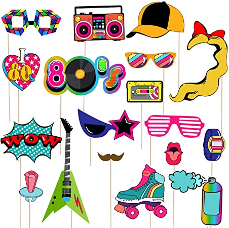 LUOEM 21pcs 80s Photo Booth Props Funny Birthday Party Photo Props with Wooden Sticks Creative Party Supplies, Perfect for 1980s Theme Birthday Party Decoration Accessories