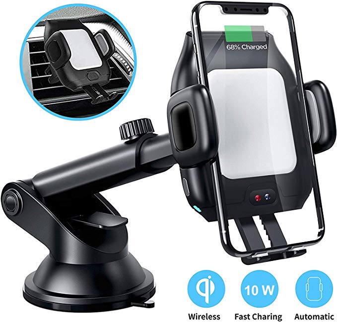 Blaulock Wireless Car Charger Mount, FR Sensor Auto-Clamping Car Mount 10W Fast Charging, Air Vent&Dashboard Car Phone Holder, Wireless Charging for iPhone Xs/XR/8,Samsung S10/S8, Qi Certified Phone