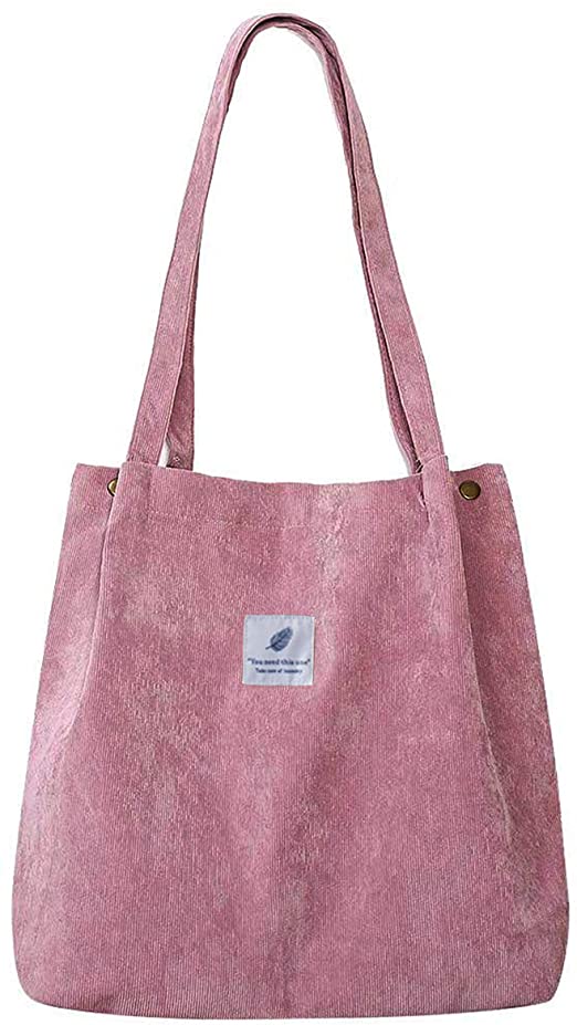 Corduroy Fabrics Tote Bag with Interior Pocket, Reusable Washable and Ecofriendly, Perfect for Shopping Travelling School and So on.(Pink)