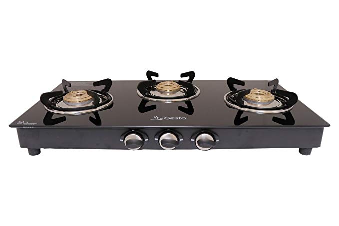 Gesto 3 Burner Glaze Gas Stove(Automatic Ignition) 5 Years Warranty on Brass Burners,Door Step Service at Home.Save 15% LPG Its Challenged.