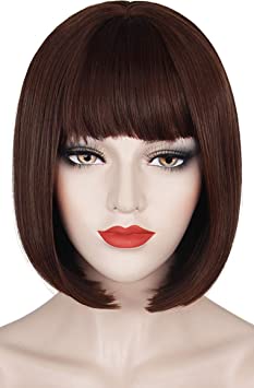 Mersi Brown Bob Wigs for Women Short Straight Hair Wig with Bangs Synthetic Anime Fashion Cute Cosplay Wigs for Party Halloween S029BR