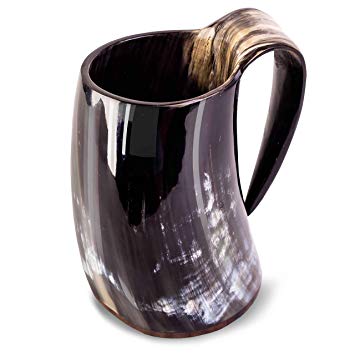 Thor Horn Drinking Horn Mug - Genuine Handcrafted Viking Horn Cup for Mead, Ale and Beer - Original Medieval Tankard with Burlap Gift Sack (Wooden Base)
