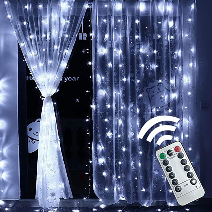 VIPMOON Window Curtain Lights,3m x 3m 300LED White USB Powered 8 Modes Copper Wire Curtain Lights,Remote Control Fairy Starry String Lights with Timer for Outdoor Indoor Party Wedding Decorations