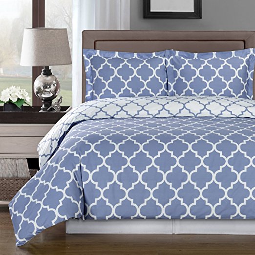 Deluxe Reversible Meridian Comforter Set, 100% Cotton 300 Thread Count Bedding, woven with superior single-ply yarn. 3 Piece Twin/Twin Extra Long Size Comforter Set, Periwinkle and White