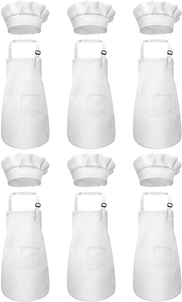 SATINIOR 12 Pieces Kids Apron and Chef Hat Set Adjustable Child Aprons with Pockets Kitchen Bib Aprons for Kitchen Cooking Baking Painting for Boys Girls (White, M for 7-13 Age)