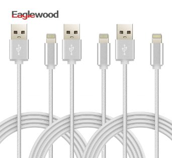 Eaglewood Extra Long 3 Pack 10ft 8 Pin Nylon Braided Lightning to USB Cable Charger Silver