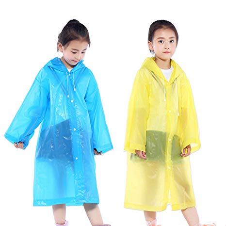 AzBoys Children Rain Ponchos 2Pack,Blue & Yellow,Waterproof Rain Poncho for Kids,Portable Reusable Raincoat for Boys and Girls Ages 6-12,for School,Camping,Emergency