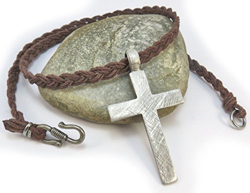 Large Rustic Cross Pendant Necklace with Hemp Cord
