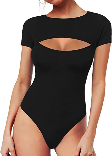 MANGOPOP Women's Sexy Cutout Front T Shirt Sleeveless/Long Sleeve Short Sleeve Bodysuit Jumpsuits