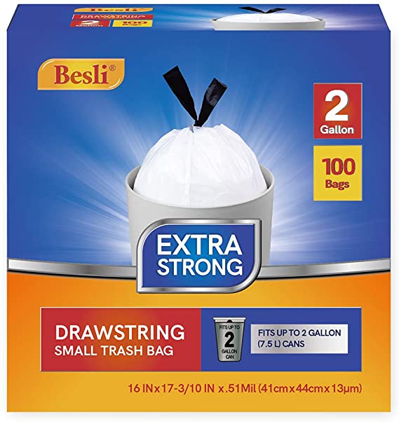 Besli 2 Gallon Drawstring Garbage Bag Small Trash Bag,100 Counts (2 Gallon, White)