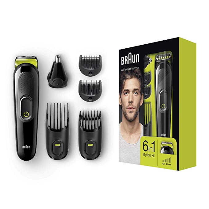 Braun 6-in-1 All-in-One Trimmer MGK3021, Beard Trimmer and Hair Clipper, Black/Volt Gree