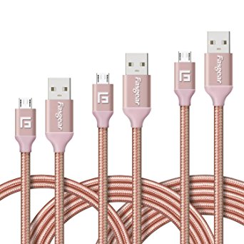 Micro USB Cable, 3 pcs (3.3ft,6ft,10ft) Fasgear Nylon Braided Tangle-Free Fastest charger data cable with Metal Connectors for Android, Samsung galaxy S6/S6 edge, Lumia, Sony and more(Rose gold)