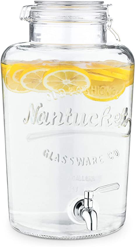 Navaris Beverage Dispenser with Spigot - 2.1 Gallon (8L) Glass Drink Jar with Stainless Steel Tap and Clip Top Lid - For Hot or Cold Drinks, Ice Water