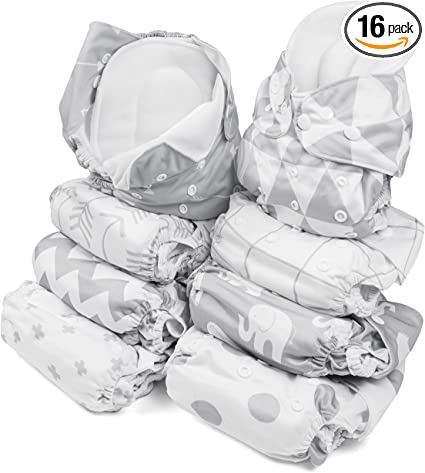 BaeBae Goods Adjustable Cloth Diapers for Boys and Girls – 8 Reusable Cloth Diapers for Babies with 8 Cloth Diaper Inserts (Grey Triangles)