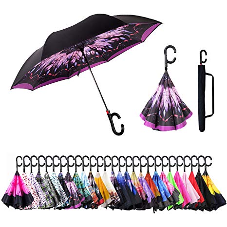 Inverted Umbrella Cars Reverse Umbrella UV Protection Windproof Umbrella for Car Rain Outdoor with C-Shaped Handle(Purple Feather)