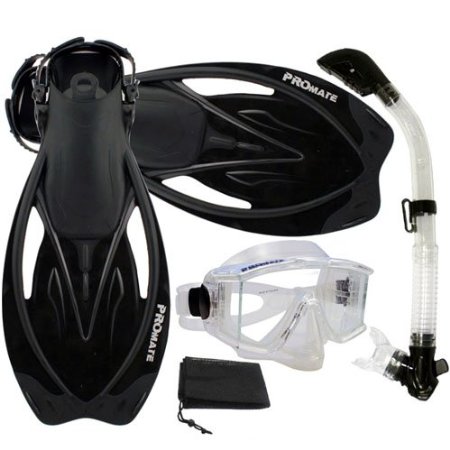 PROMATE Snorkeling Scuba Dive Panoramic PURGE Mask Dry Snorkel Fins Gear Set