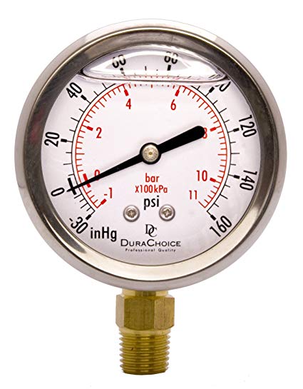 2-1/2" Oil Filled Vacuum Pressure Gauge - Stainless Steel Case, Brass, 1/4" NPT, Lower Mount Connection -30HG/160PSI