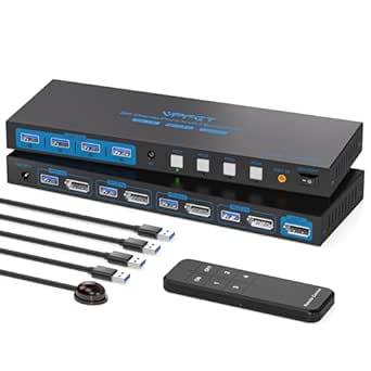 8K@60Hz DisplayPort KVM Switch 4 Computers 1 Monitor USB3.0 4K120Hz 4 Ports DP KVM Switches 4 in 1 Out for 4 Computers Share 1 Monitor and Keyboard Mouse etc. with 4 USB Cable and Wireless Controller