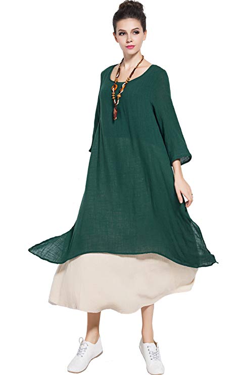 Anysize Spring Summer Fake Two Piece Linen Cotton Dress Plus Size Dress Y82