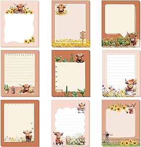 Sabary 9 Pads Sticky Notes 3.15 x 3.94 Inches Cute Self Sticky Note Pads Colored Adhesive Notepad for Memo Reminder Journal Studying Office Home Gift(Highland Cow)