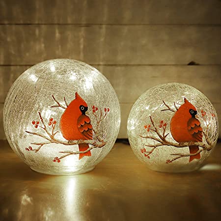 Crackle Glass Ball Lights Cardinal Bird Pattern Table Lamps Battery Powered 2 Pack (6in & 5 in)LED Night Light for Home Nursery Breastfeeding Bedroom Party Birthday Wedding Christmas Decoration