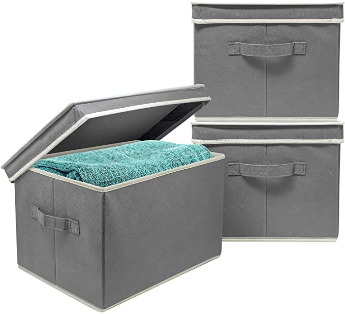 Sorbus Storage Bin Boxes with Lids - Fabric Baskets for Shelves, Closet, Home Office, Clothing, Kid Toys, and More, Set of 3 (Gray)