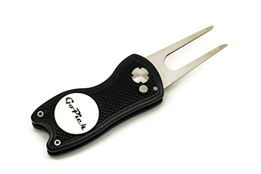 GoPick Golf Divot Repair Tool - Stainless Steel Switchblade With Detachable Ball Marker
