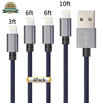 Charger Cable for iPhone,Nutmix 4Pack 3FT 6FT 6FT 10FT Nylon Braided Cord Lightning Cable to USB Charging Charger for iPhone 7, Plus, 6, 6S, SE, 5S, 5, 5C, iPad, iPod [BLUE]
