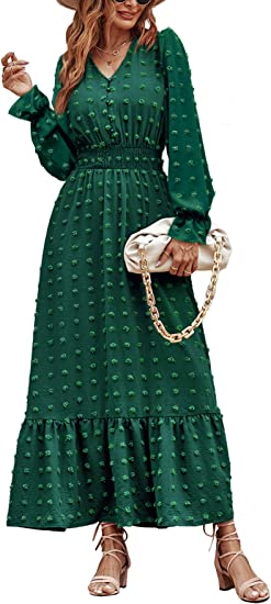 MASCOMODA Women Boho Maxi Dress Long Sleeve V Neck Swiss Dot Smocked High Waisted Button A-Line Ruffle Tiered Fall Long Dress