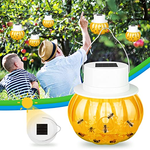 Bee Wasp Trap Catcher Outdoor Hanging,Hornet and Wasp Traps Killer for Outside Refill,Solar Powered Hornet Trap with Light,Wasp and Bee Repellent Outdoor Patio Garden,Non-Toxic Reusable (Orange)