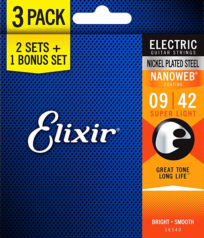 Elixir Strings 16540 Nickel Plated Steel Electric Guitar Strings with Nanoweb Coating, Set of 3 Pieces