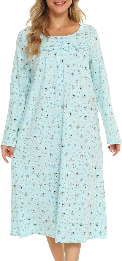 Bloggerlove Nightgowns for Women Soft Cotton Sleepwear Floral House Dress Short/Long Sleeve Comfy Night Dress for Ladies